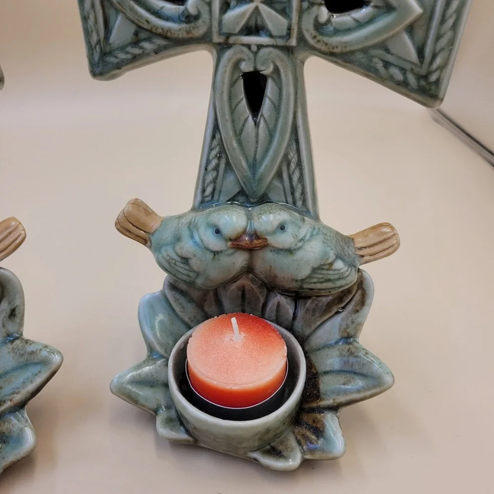 Celtic Cross Ceramic Candle Holder Set of 2 Blue Green Glaze with Birds Decor